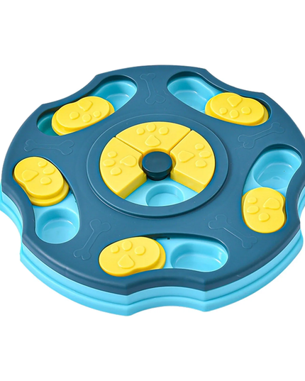 Blue and yellow puzzle toy on a white background