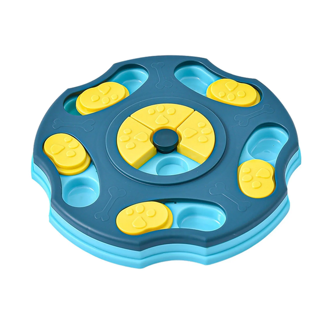 Blue and yellow puzzle toy on a white background