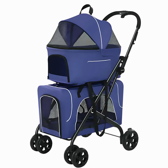 Blue pet stroller with black wheels on a white background