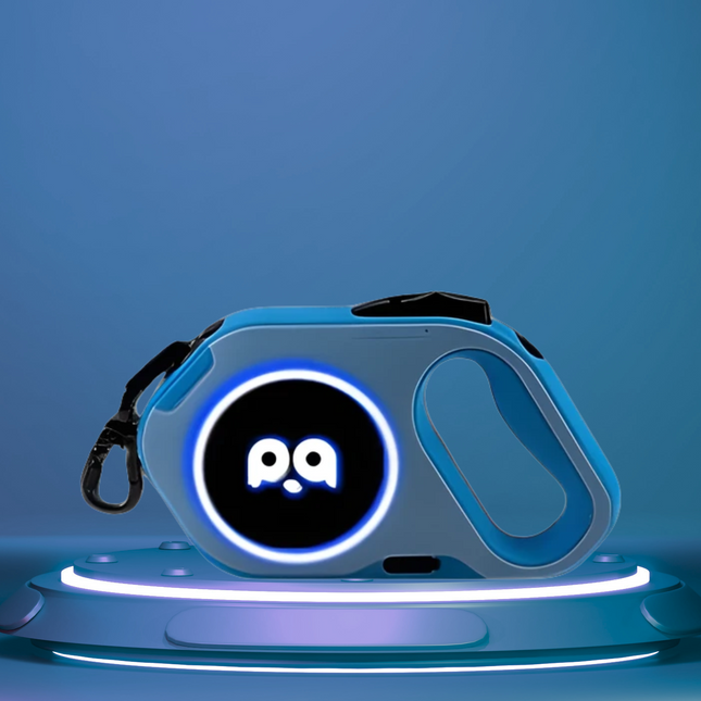 Pet leash with a glowing logo on a blue background