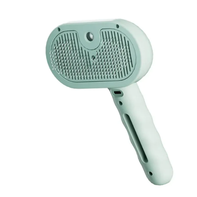 Mint green pet grooming brush on a white background