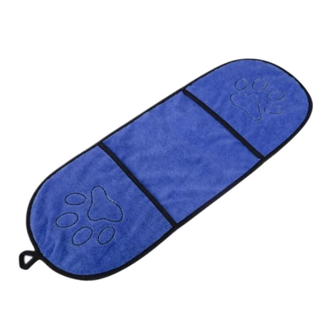 Blue towel with paw prints on a white background