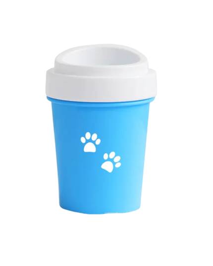 Blue cup with white paw prints and white lid on a white background