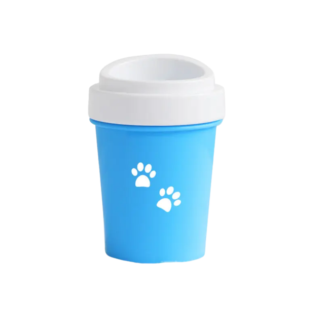 Blue cup with white paw prints and white lid on a white background