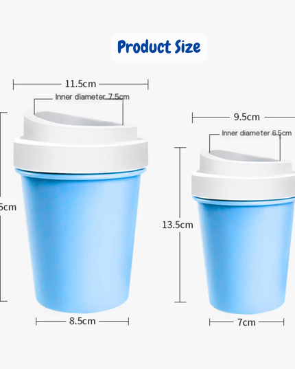 Two blue cups with white lids and their dimensions labeled on a white background.