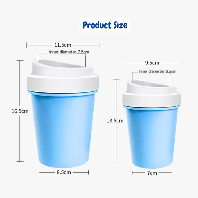 Two blue cups with white lids and their dimensions labeled on a white background.