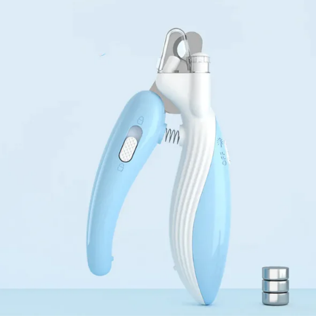 Pet nail clipper with blue handle and white body on a light blue background