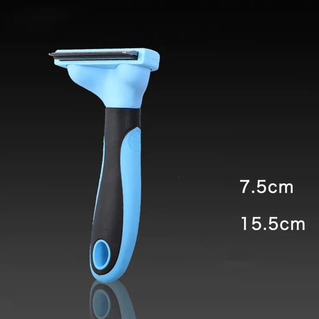 Blue and black pet grooming tool on a dark background with measurements indicated.