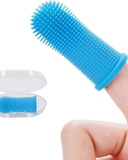 Blue silicone brush with a clear container on a white background