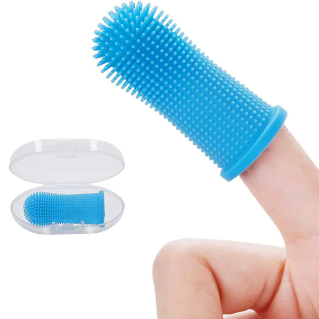 Blue silicone brush with a clear container on a white background
