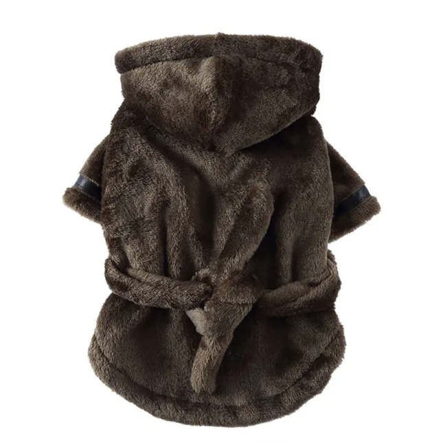 Brown plush robe with hood on a white background