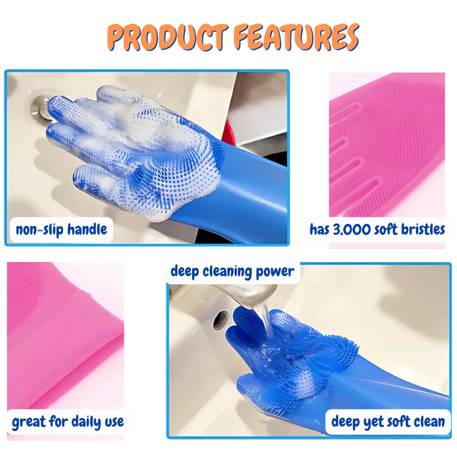 Silicone cleaning gloves with features highlighted on a white background