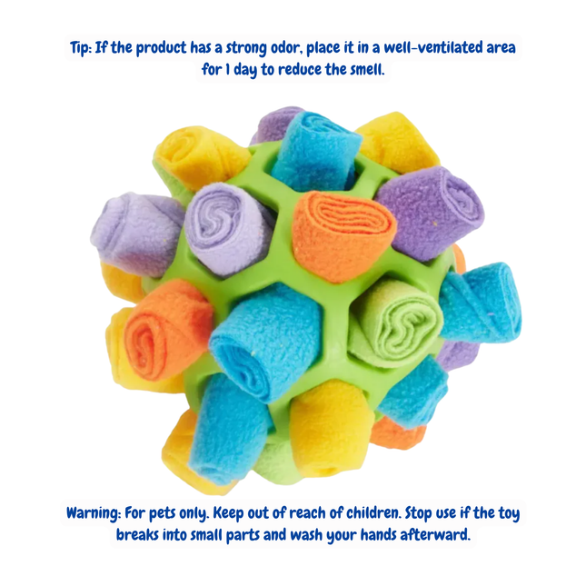Colorful textured dog toy with warning and care instructions on a white background