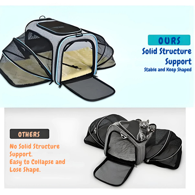 Pet carrier with solid structure support compared to others on a light blue background