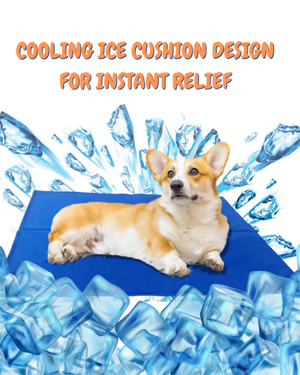 Dog lying on a cooling ice cushion with ice cubes around it and text 'Cooling Ice Cushion Design for Instant Relief'.