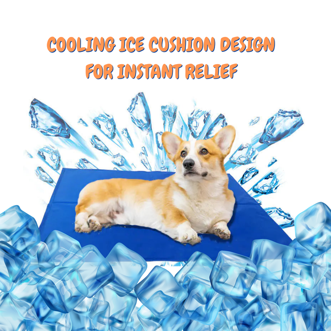 Dog lying on a cooling ice cushion with ice cubes around it and text 'Cooling Ice Cushion Design for Instant Relief'.