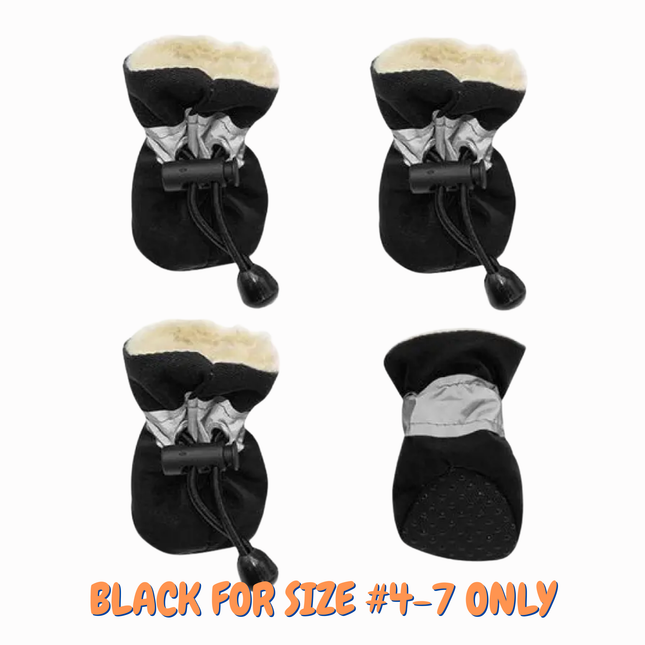 Four black dog boots with fur lining on a white background