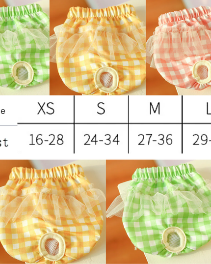 Checkered bloomers in green, orange, and pink with size chart on an orange background