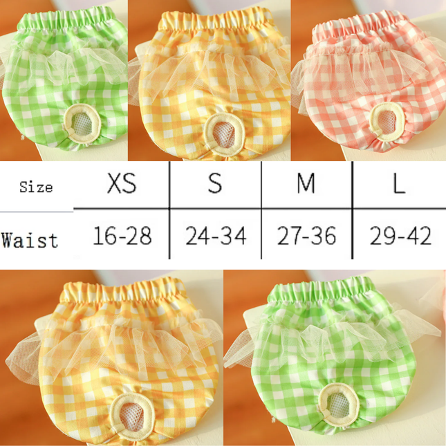 Checkered bloomers in green, orange, and pink with size chart on an orange background