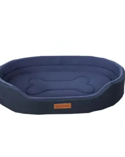 Blue pet bed with a bone design on a white background