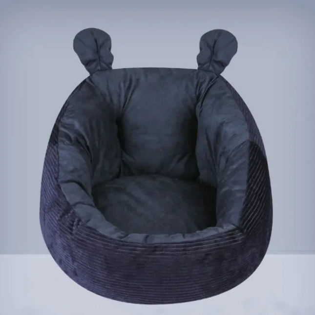 Dark gray pet bed with ears on a white background