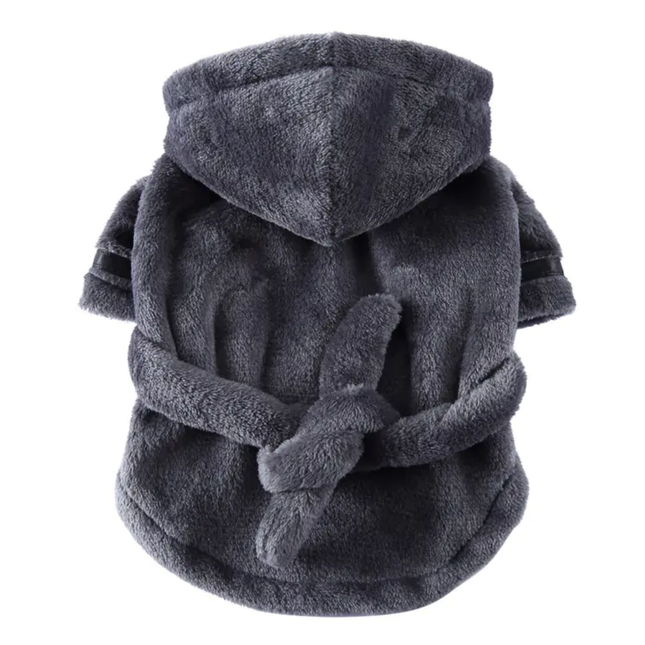 Dark gray fleece robe with hood on a white background