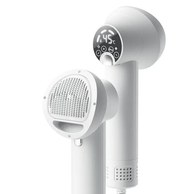 White handheld hair dryer with digital temperature display on a white background