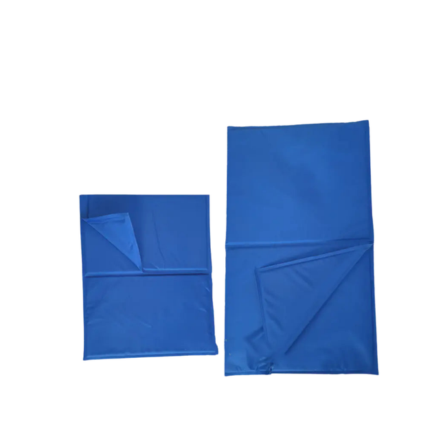 Two blue towels, one folded and one unfolded, on a white background