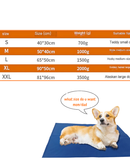 Dog mat size chart with a dog lying on a blue mat