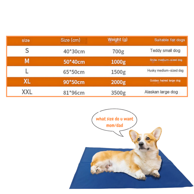 Dog mat size chart with a dog lying on a blue mat