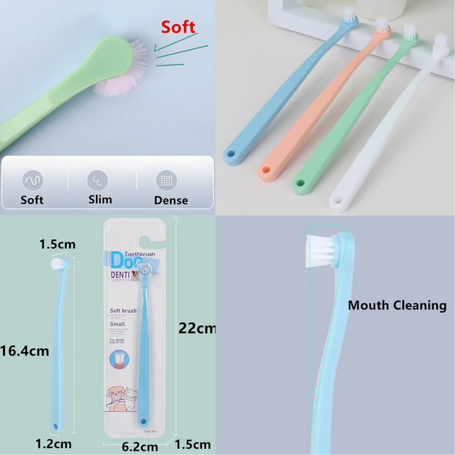Collage of dental brushes with measurements and features on a light gray background