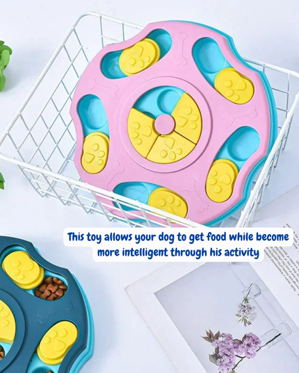 Dog puzzle toy with colorful design on a white surface with text describing its benefits.