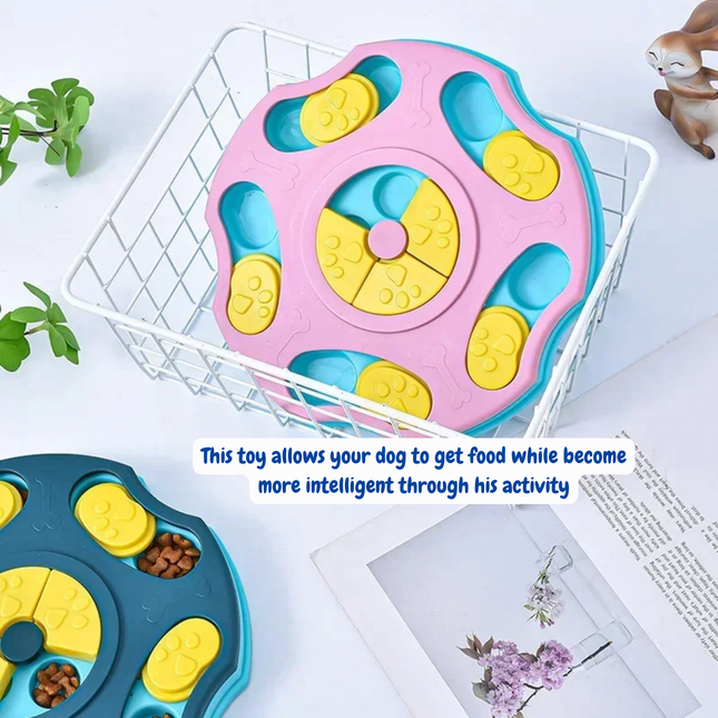 Dog puzzle toy with colorful design on a white surface with text describing its benefits.