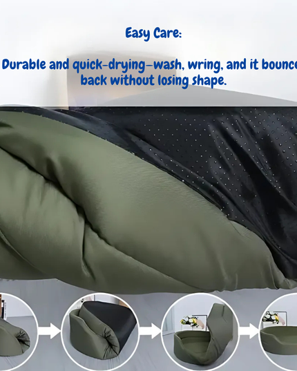 Green fabric with text about durability and quick-drying, on a gray background.