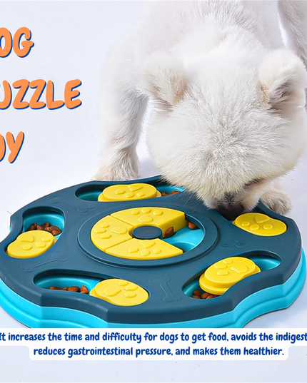 Dog puzzle toy with a dog interacting with it on a white background