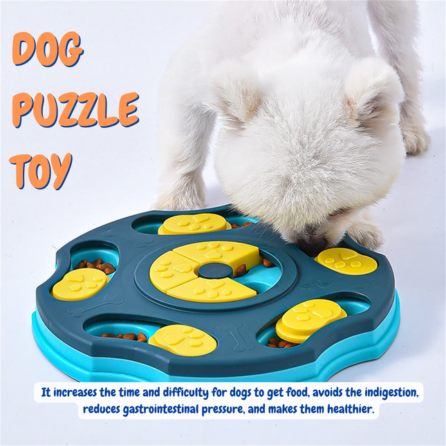 Dog puzzle toy with a dog interacting with it on a white background