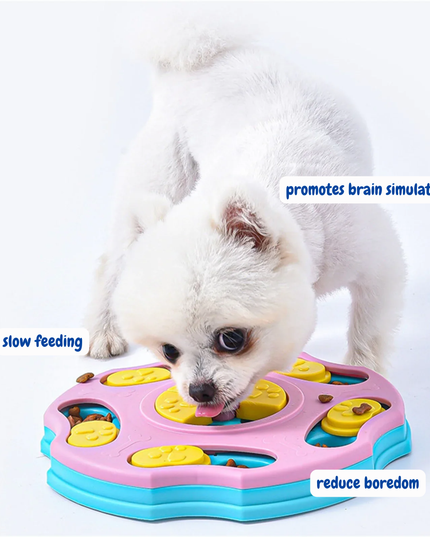 Dog interacting with a puzzle toy designed to promote brain simulation and reduce boredom, on a white background.