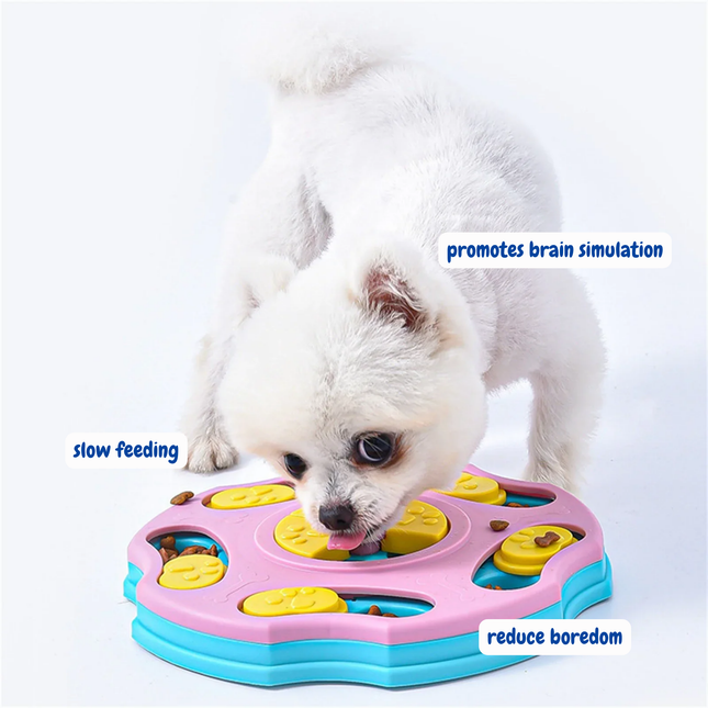 Dog interacting with a puzzle toy designed to promote brain simulation and reduce boredom, on a white background.