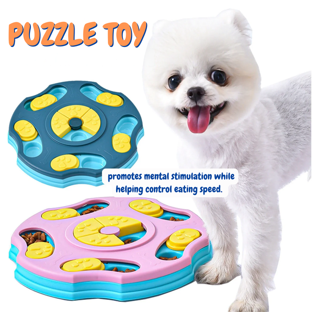 Dog puzzle toy with a white dog and text about mental stimulation.