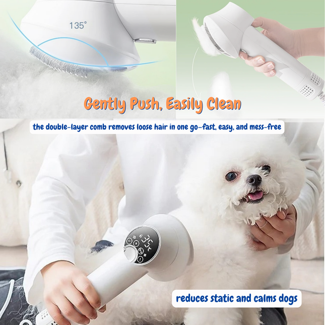 Dog being groomed with a grooming tool, featuring text about the product's benefits.