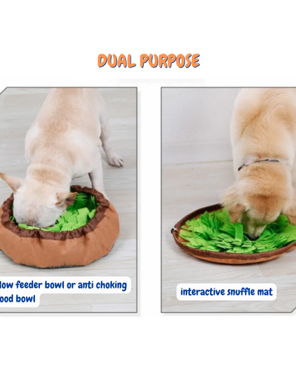 Dog using a dual-purpose pet product with text indicating it's a slow feeder bowl and interactive snuffle mat.
