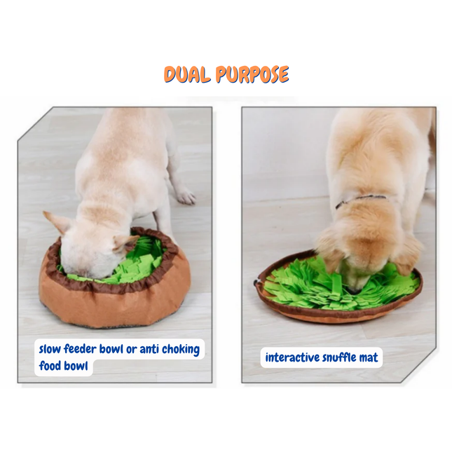 Dog using a dual-purpose pet product with text indicating it's a slow feeder bowl and interactive snuffle mat.