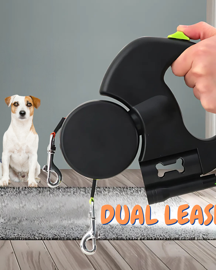 Black dual leash retriever with two dogs in the background