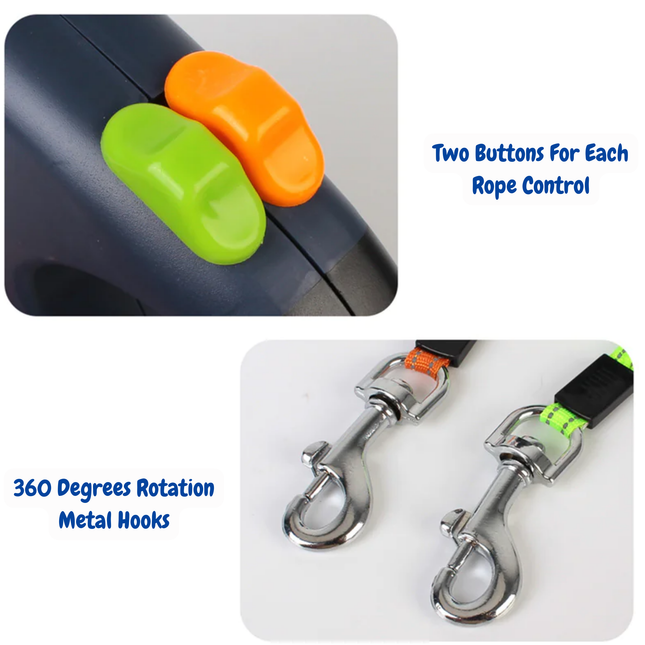 Close-up of a dog leash handle with green and orange buttons and metal hooks on a white background.