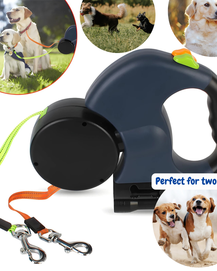 Retractable dog leash with two dog images in the corner