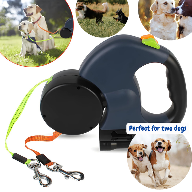 Retractable dog leash with two dog images in the corner