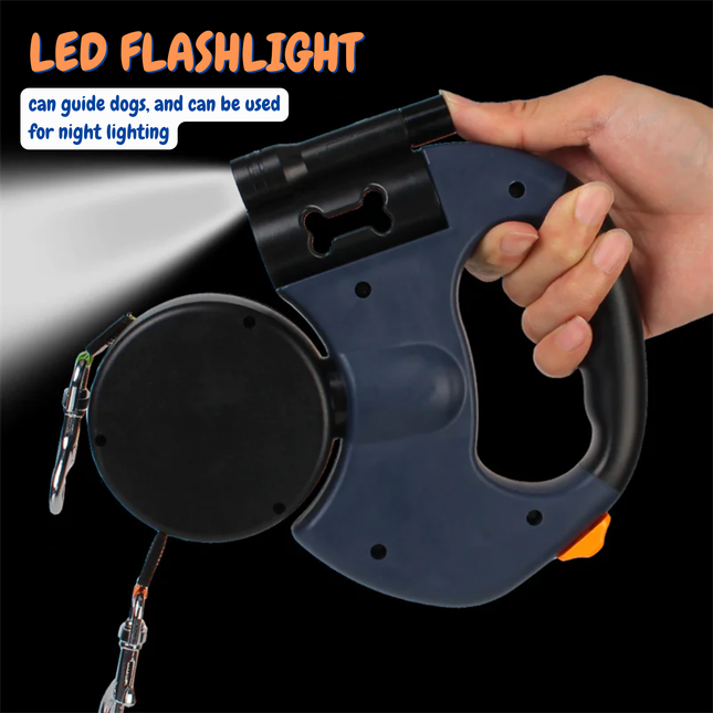 Retractable LED flashlight held by a hand with text about its uses.