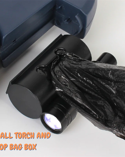Small torch and poop bag box with a black plastic bag on a white background