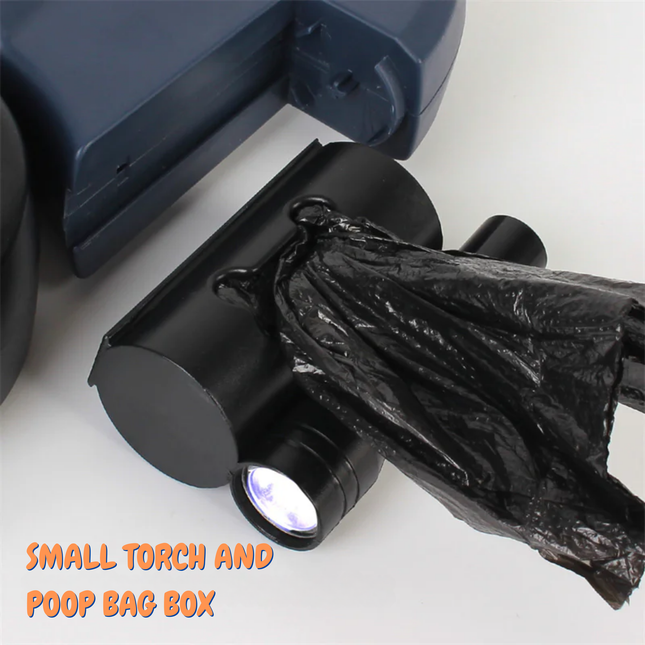 Small torch and poop bag box with a black plastic bag on a white background