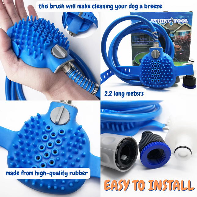 Blue pet grooming tool with text highlighting features and ease of use.